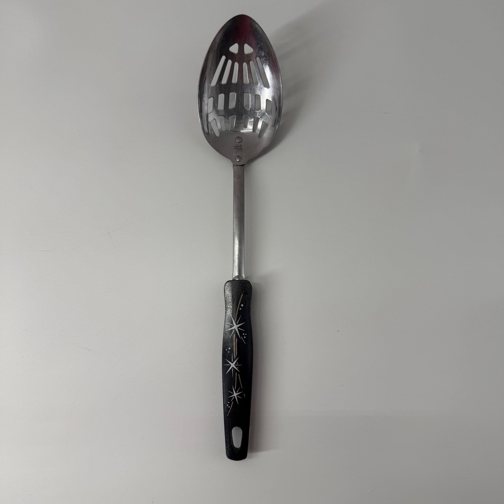 Vintage EKCO Slotted Spoon Stainless Steel Black Atomic Starburst Handle USA MCM
